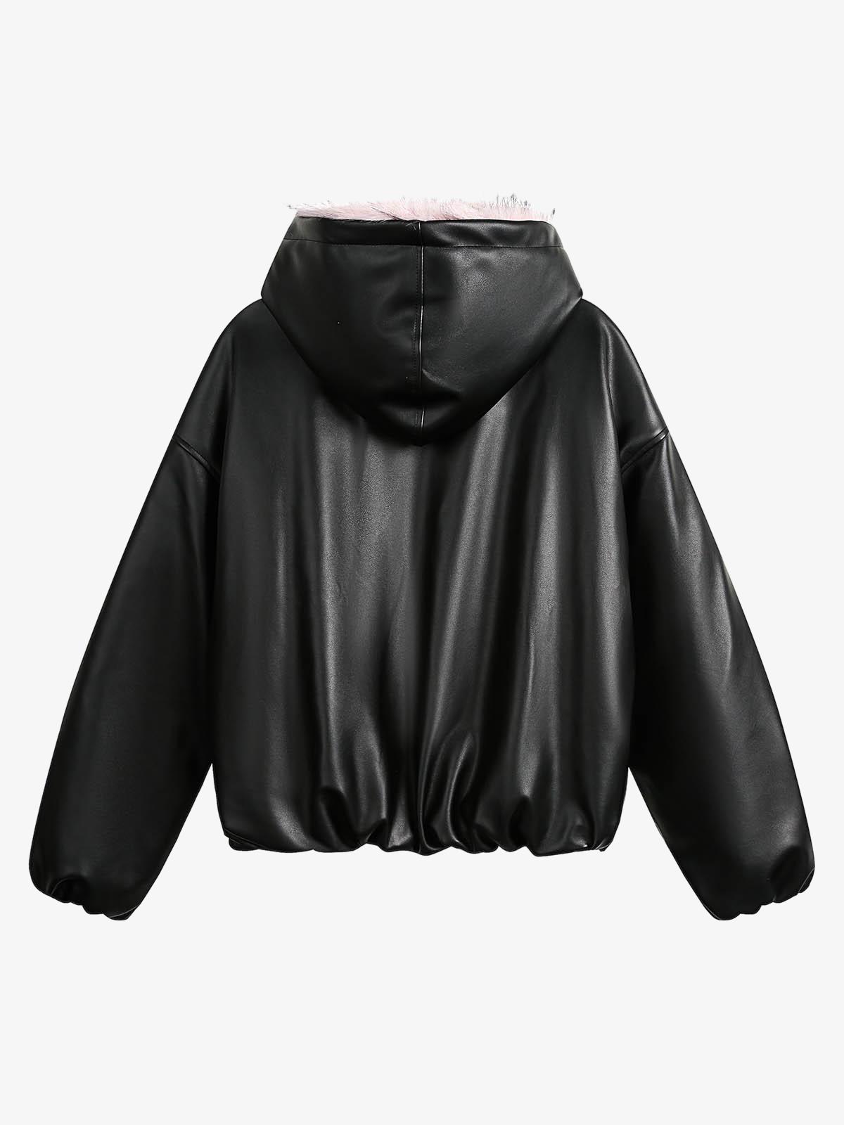Leather Pink Fur Hooded Quilted Jacket - 2535