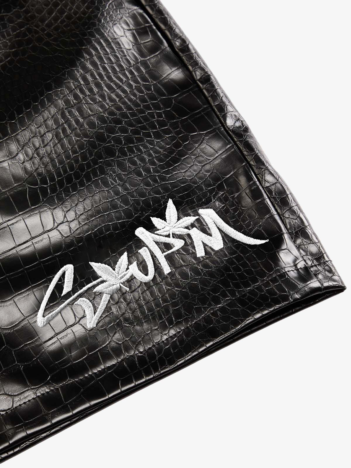 Letter Embroidered Leather Shorts