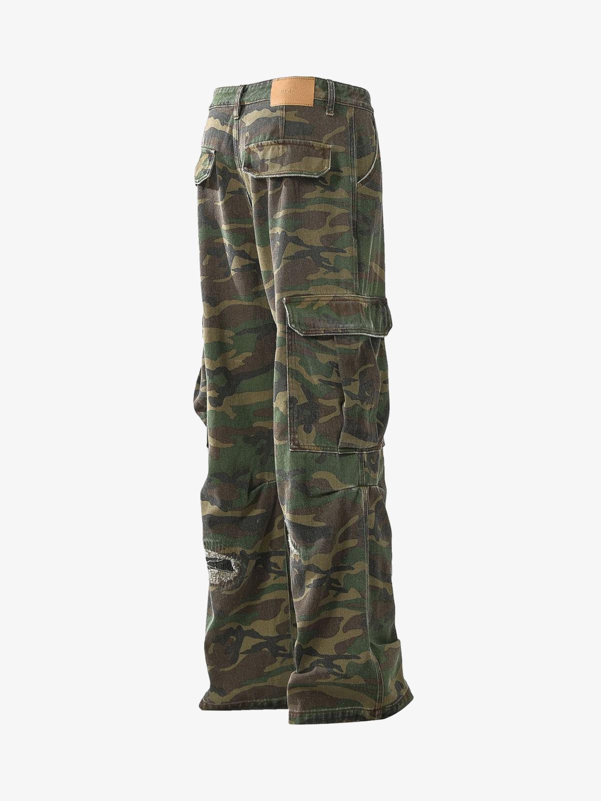 Woven Ripped Camouflage Cargo Baggy Pants - 2410