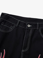 Contrast Flame Embroidered Baggy Jeans - 2364