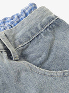 Plaid Double Waist Baggy Jeans - 2505
