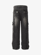 Theprecipice Detressed Raw Edge Multi-pocket Cargo Jeans