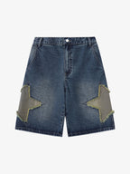 Street Patchwork Star Embroidered Denim Shorts - 2133