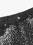 Retro Washed Rhinestone Raw Edge Denim Shorts - 2419