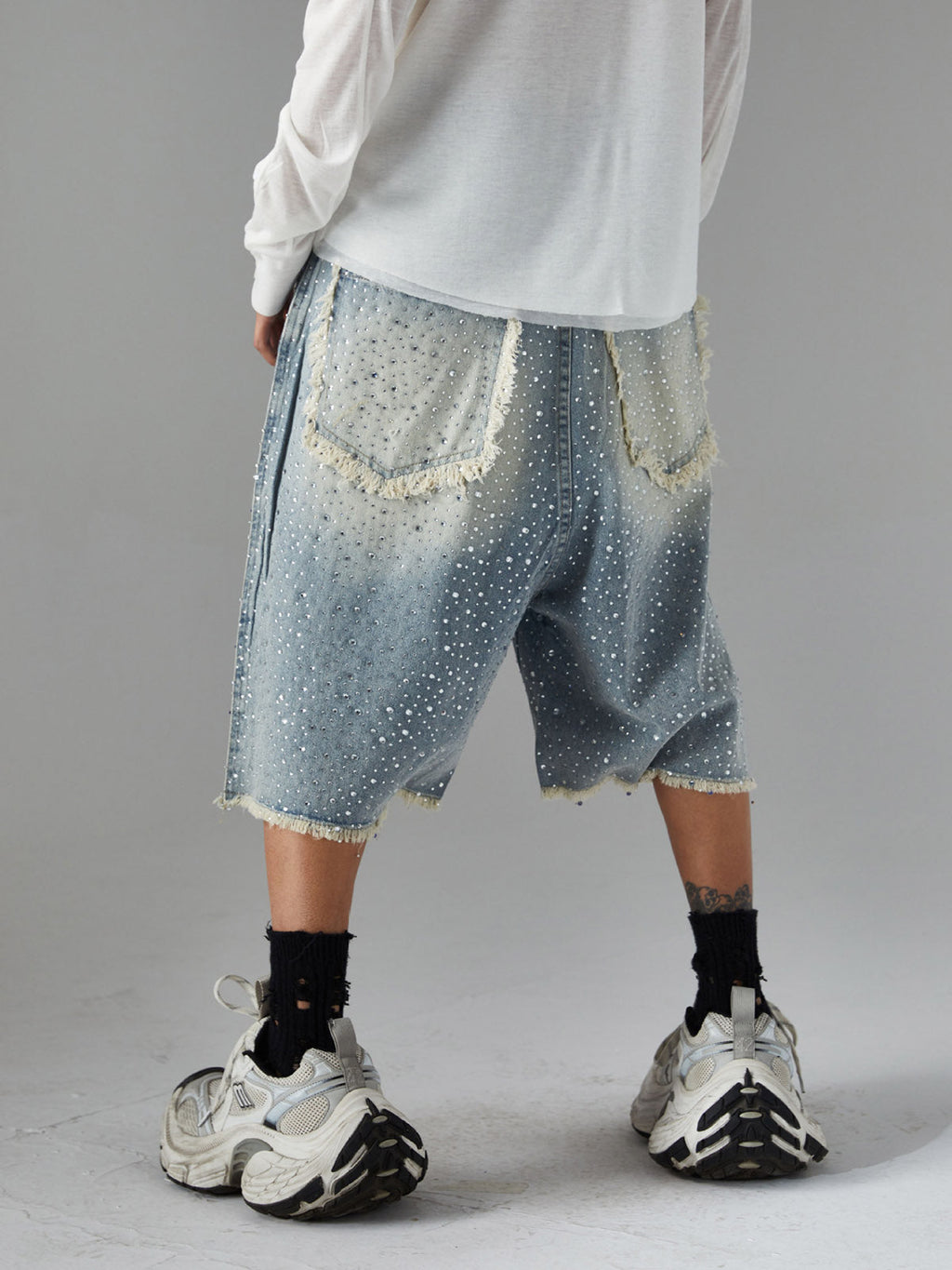 Distressed Rhinestone Denim Jorts - 2454