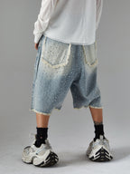 Distressed Rhinestone Denim Jorts - 2454