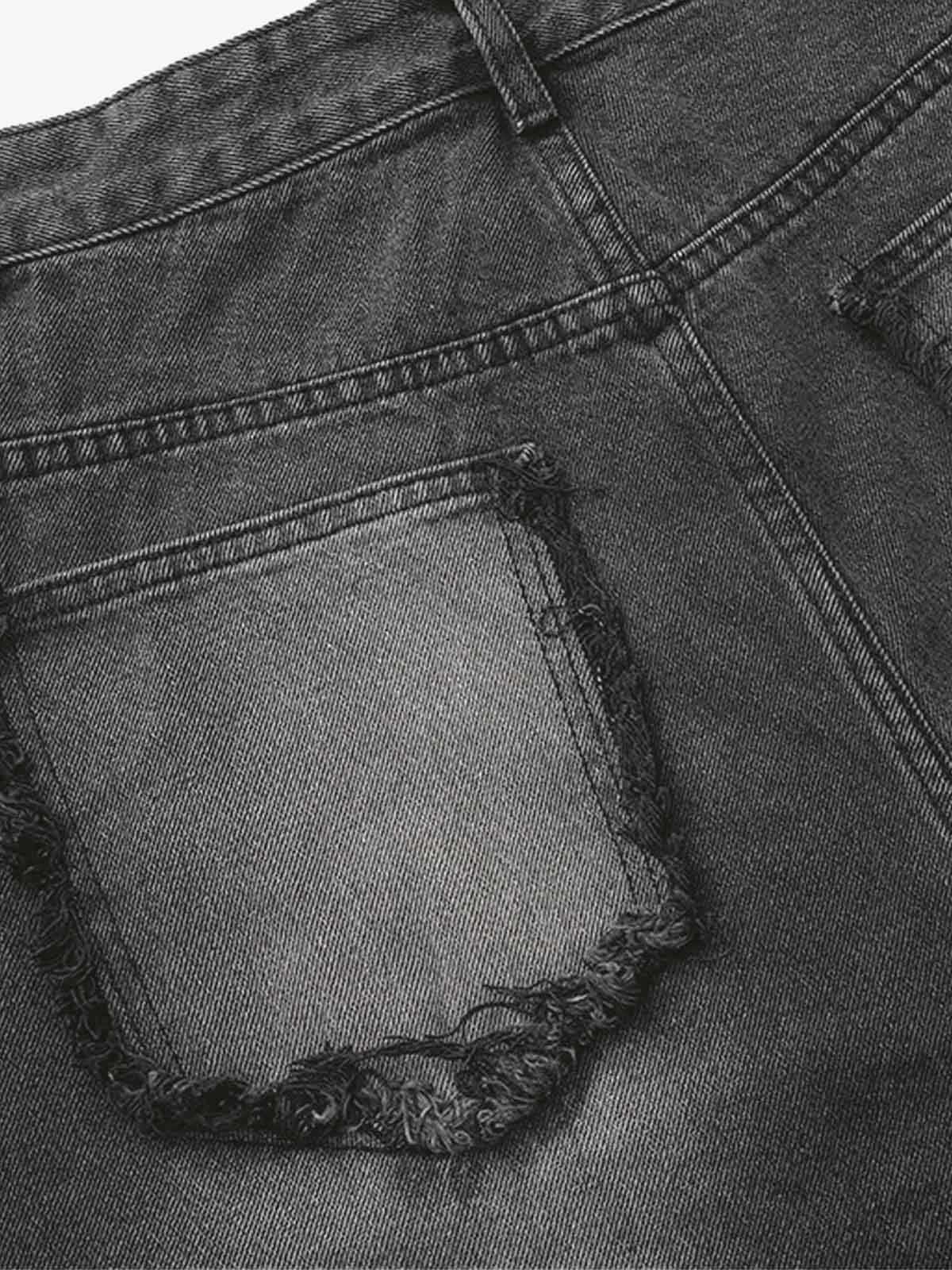 Washed Distressed Raw Edge Barrel Jeans - 2402