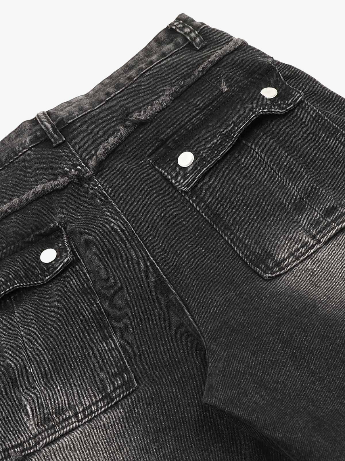 Theprecipice Detressed Raw Edge Multi-pocket Cargo Jeans