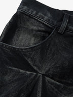 Denim Heavy Washed Distressed Pleated Baggy Jeans - 2282