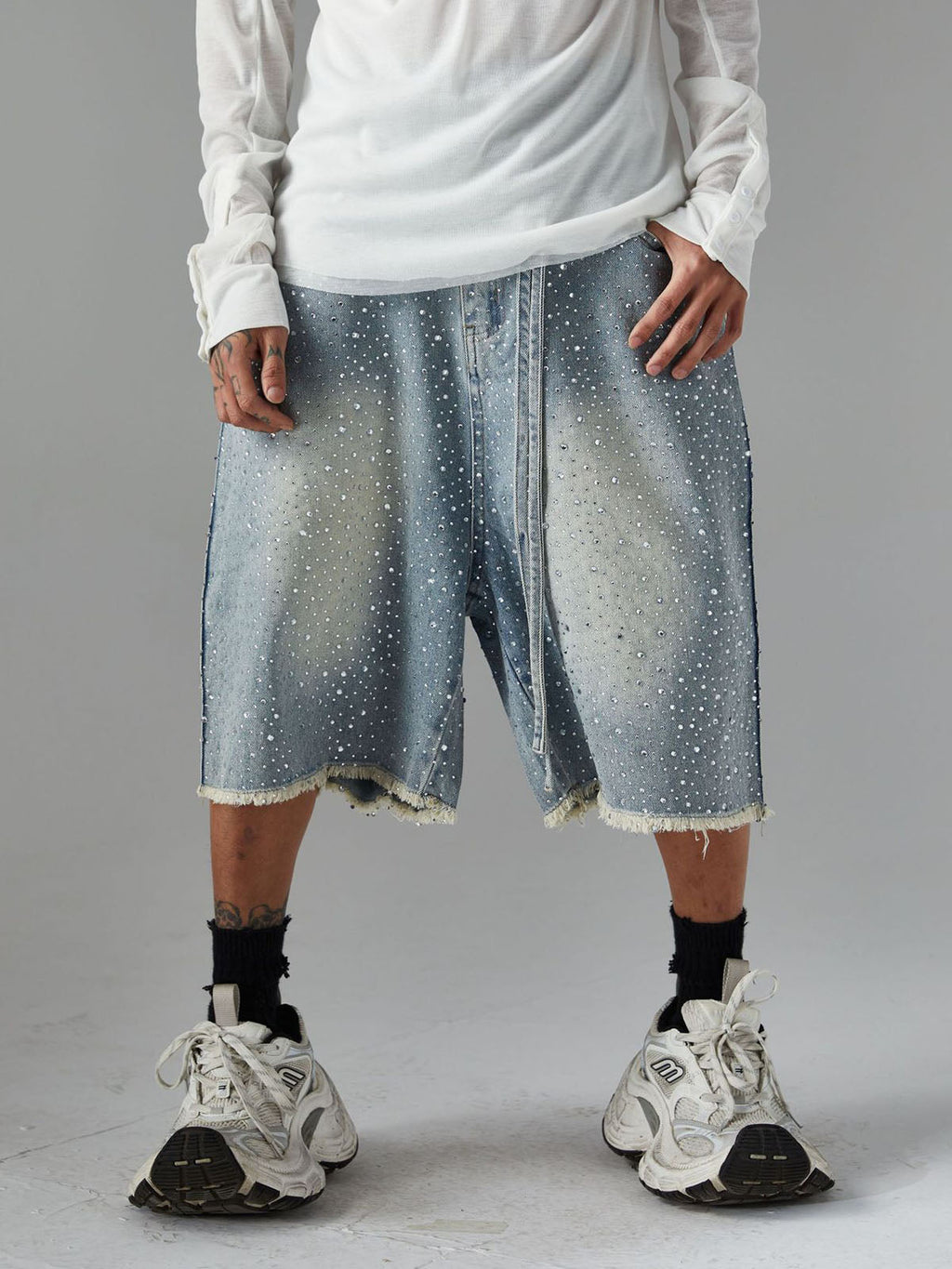 Distressed Rhinestone Denim Jorts - 2454