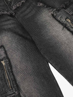 Theprecipice Detressed Raw Edge Multi-pocket Cargo Jeans