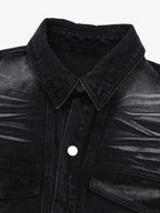 Distressed Washed Workwear Denim Shirt And Jorts Set