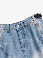 Ripped Washed Tassel Cargo Denim Shorts