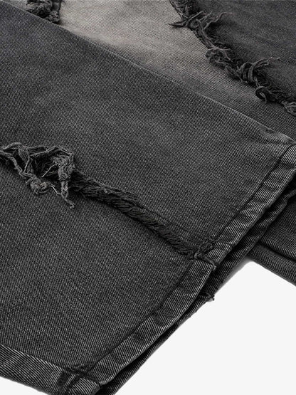 Washed Distressed Raw Edge Barrel Jeans - 2402