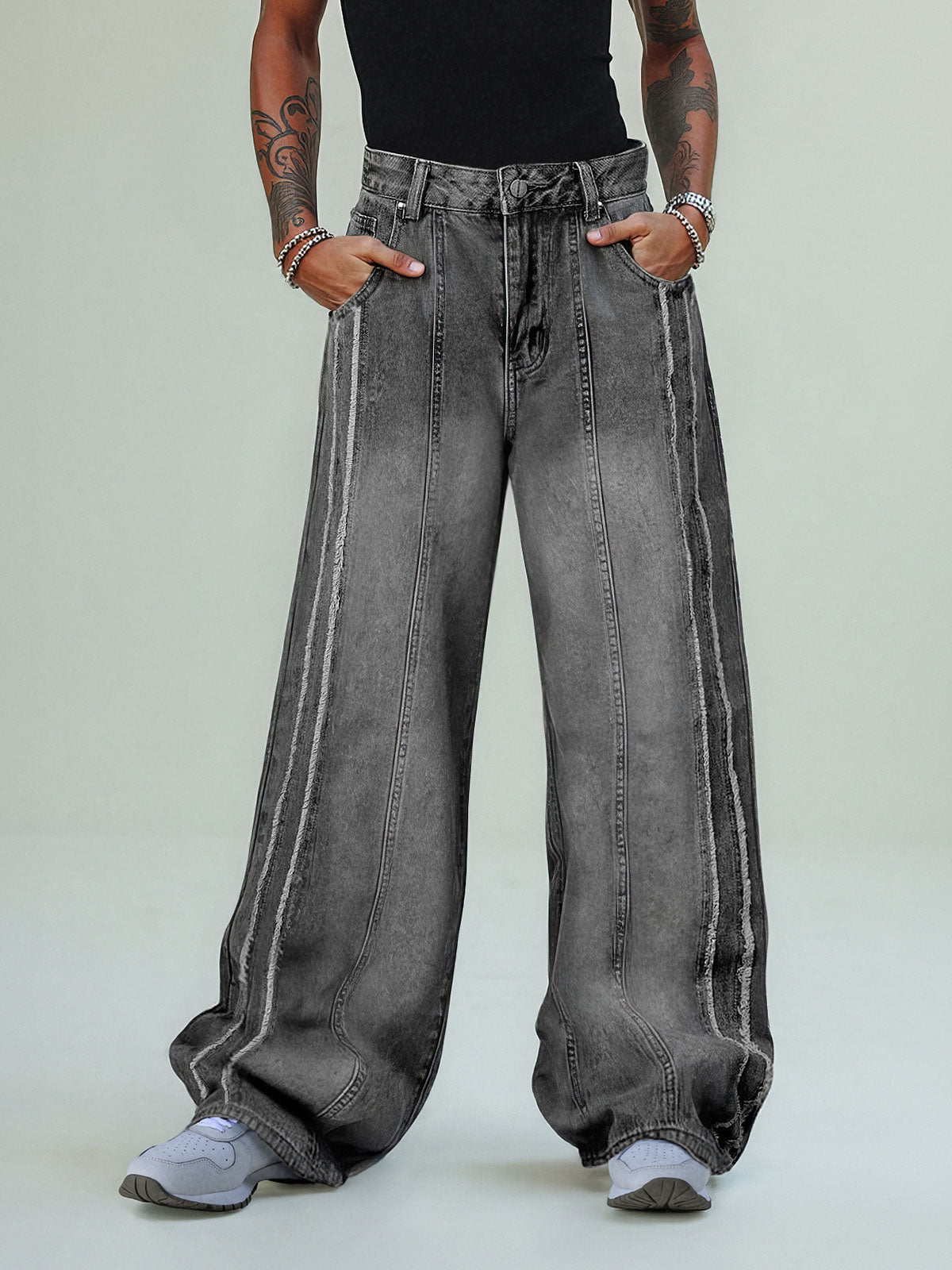 Theprecipice Washed Distressed Raw Edge Baggy Jeans - 2271