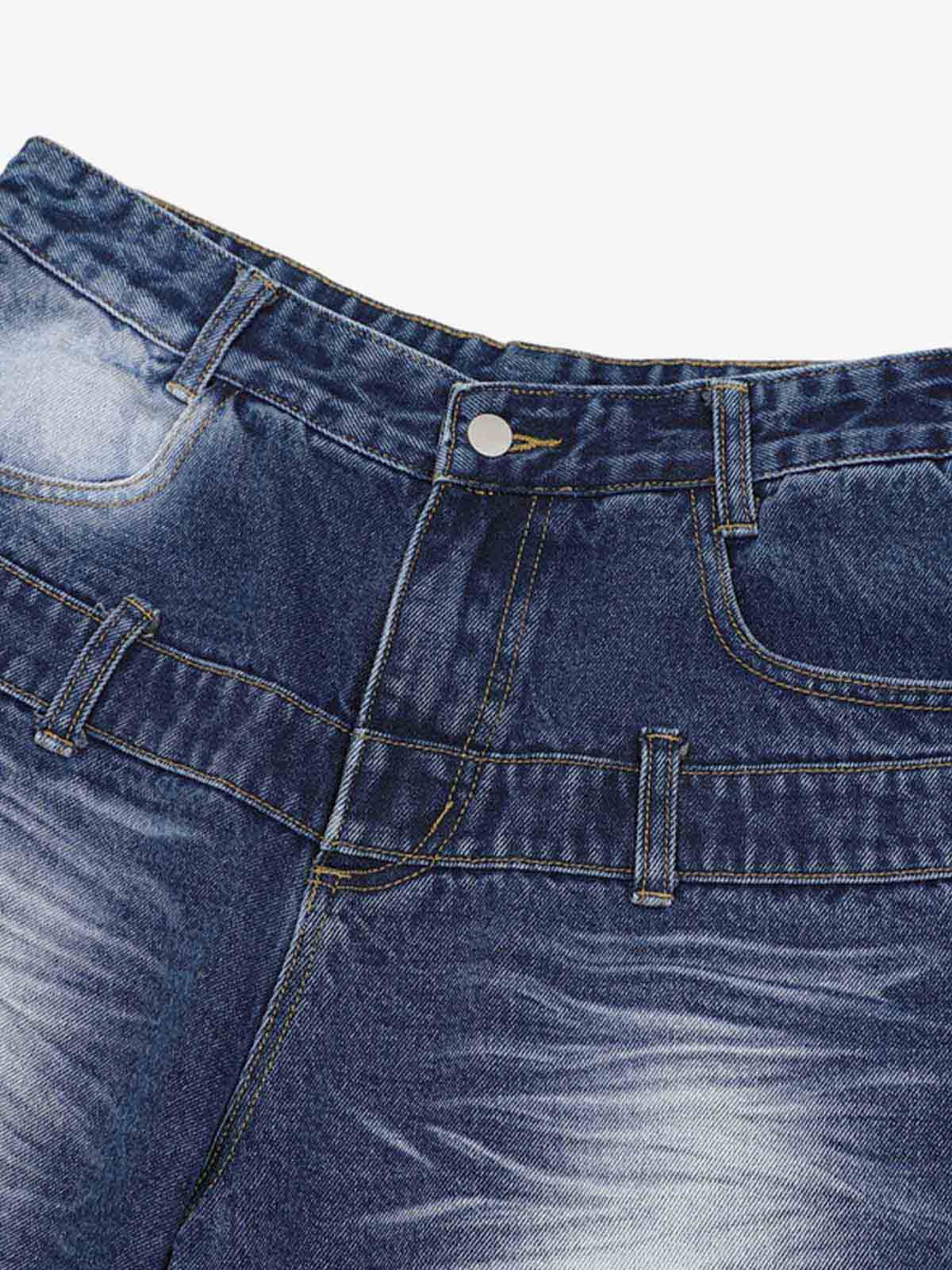 Theprecipice Old Washed Double Waistband Design Denim Jorts