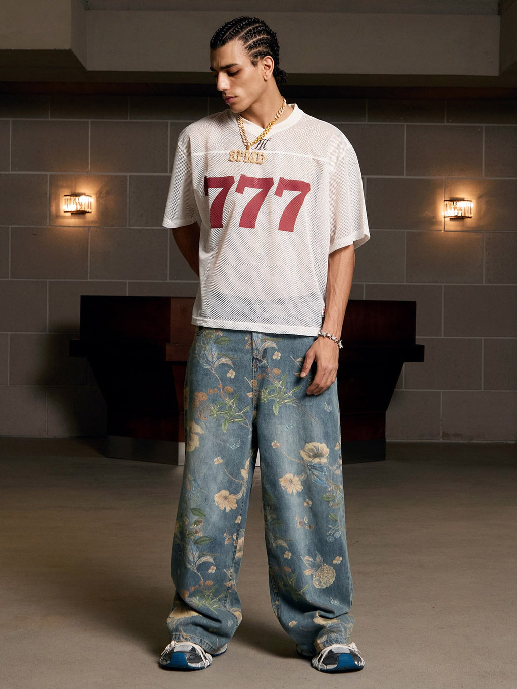 Denim Floral Print Carpenter Jeans - 2237