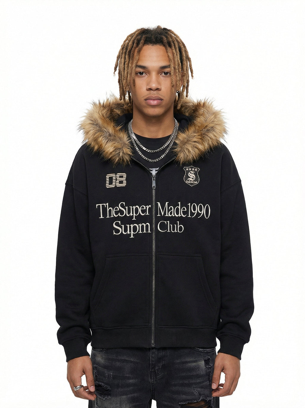 Letter Medal Embroidered Cardigan Fur Collar Zip Up Hoodie- 2502
