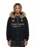 Letter Medal Embroidered Cardigan Fur Collar Zip Up Hoodie- 2502