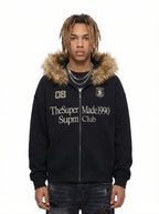 Letter Medal Embroidered Cardigan Fur Collar Zip Up Hoodie- 2502