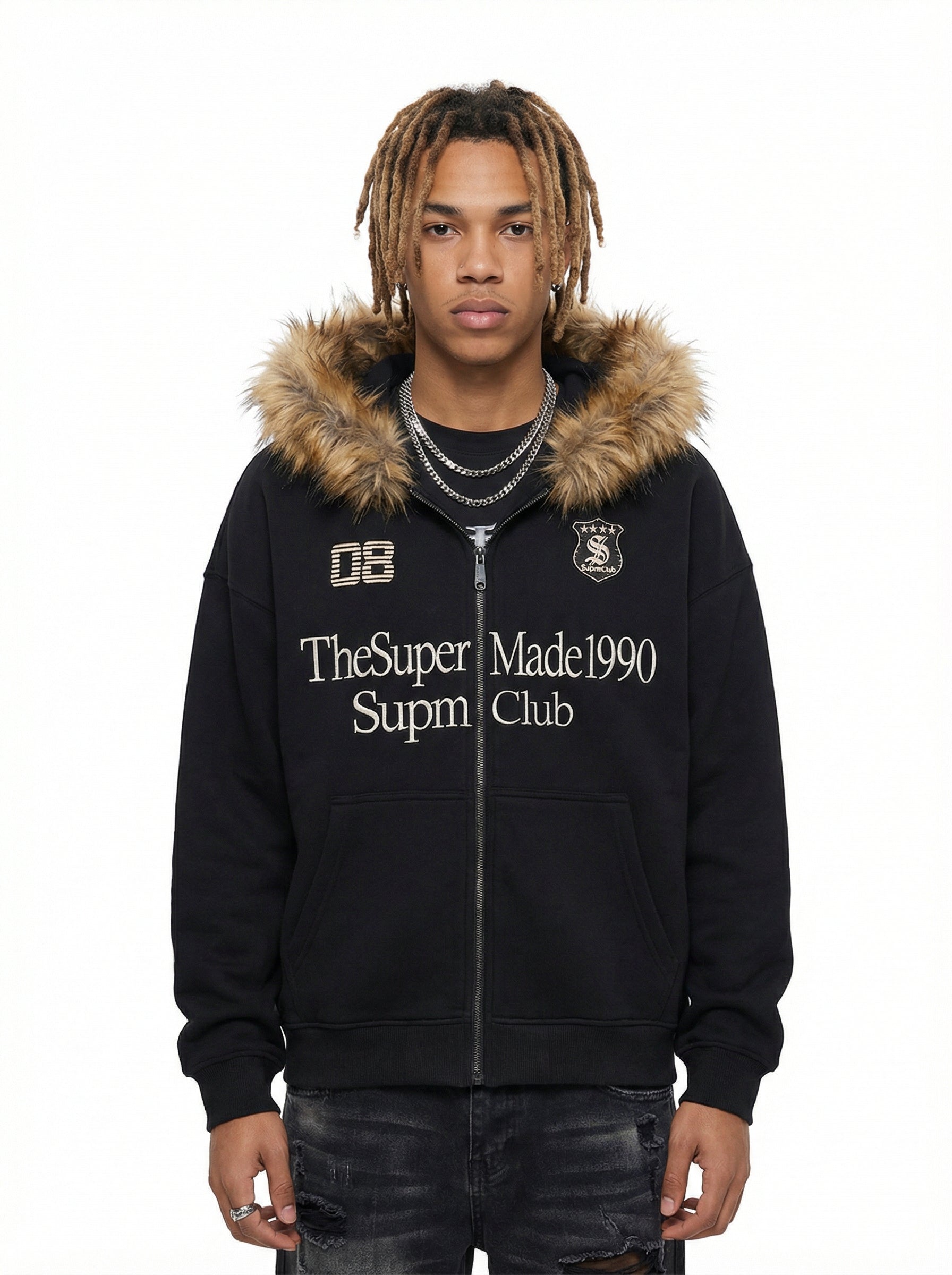 Letter Medal Embroidered Cardigan Fur Collar Zip Up Hoodie- 2502