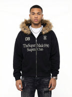 Letter Medal Embroidered Cardigan Fur Collar Zip Up Hoodie- 2502