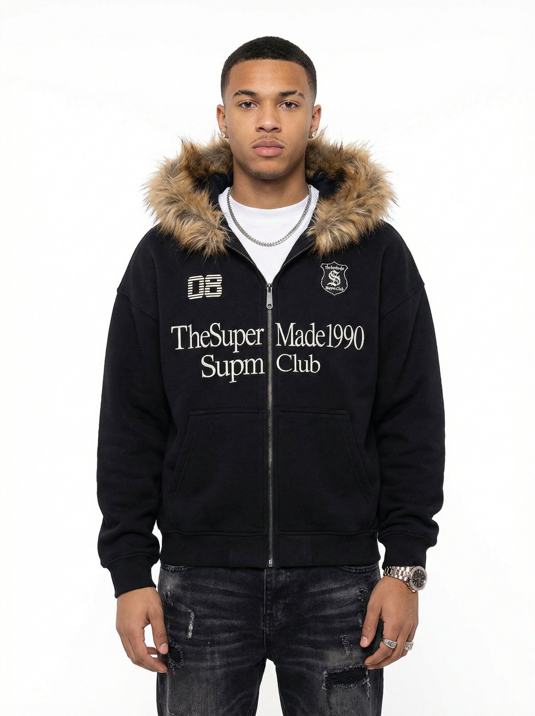 Letter Medal Embroidered Cardigan Fur Collar Zip Up Hoodie- 2502