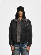 Retro Suede Texture Shearling Collar Fleece Bomber Jacket