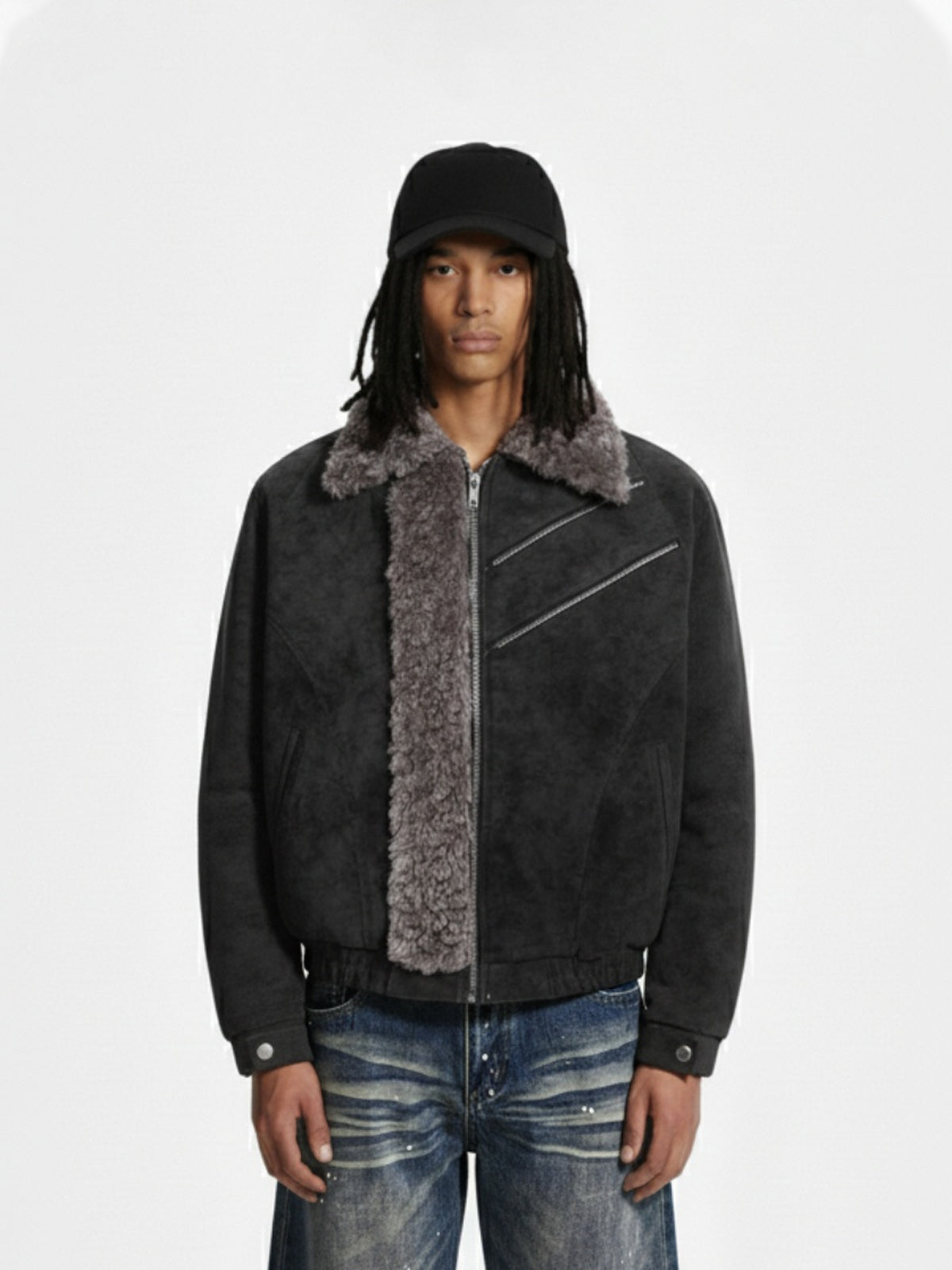 Retro Suede Texture Shearling Collar Fleece Bomber Jacket