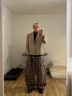 Vintage Plaid Pleated Multi-Pocket Cargo Casual Pants - 2524